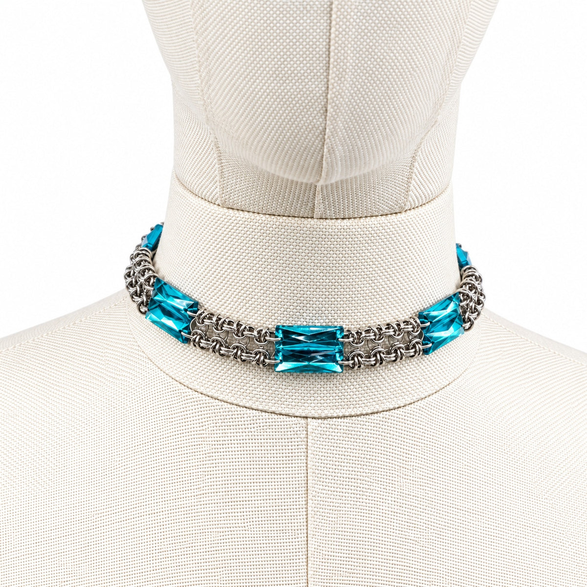 Djezairli GLIMMER LINK turkuaz akrilik kristal zirh orgu choker, urun fotografi 02