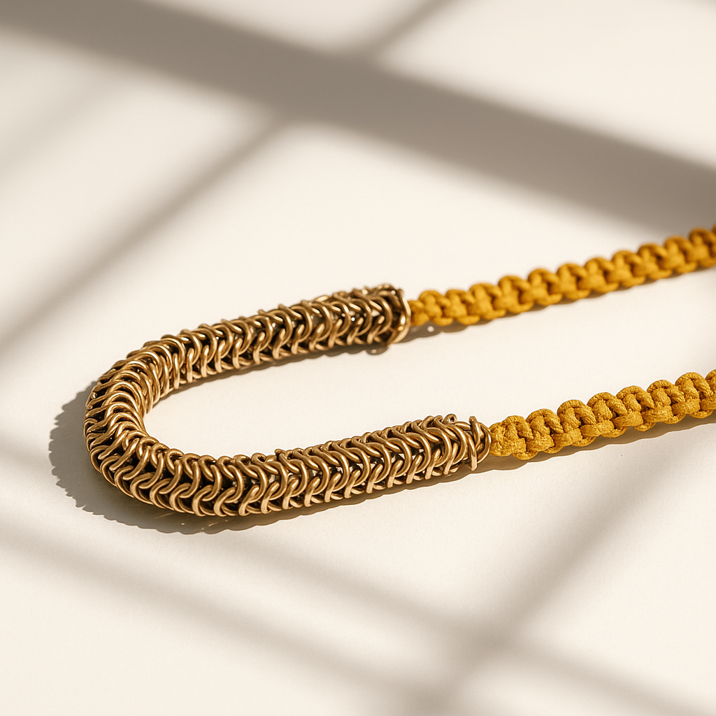 Örgü Zırh ve Makrome, U Form  Kolye - Hardal